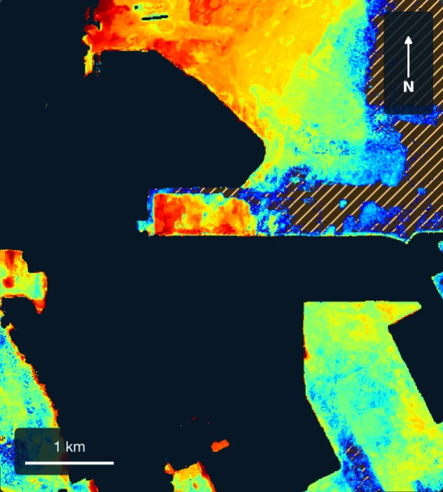 Fusion depth map of a North Bahrain test area, with hatched areas beyond the optical depth limit